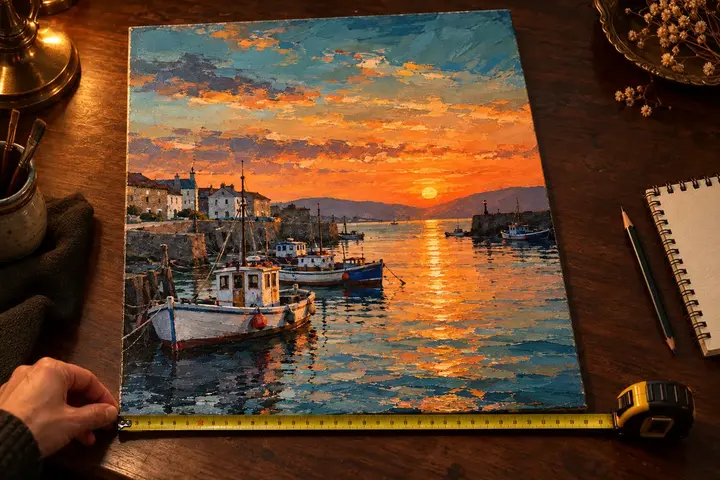 Measuring a harbour painting on canvas with a tape measure
