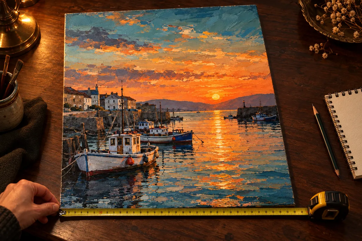 Measuring the edge of a harbour painting with a tape measure