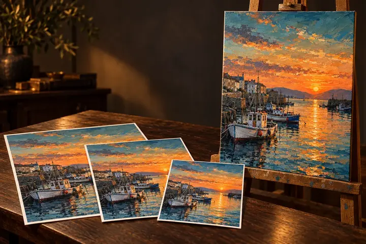 An original painting on an easel with prints in three sizes