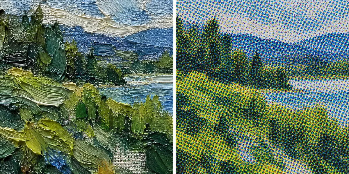 Left: thick oil brushstrokes on canvas. Right: a print made of tiny coloured dots