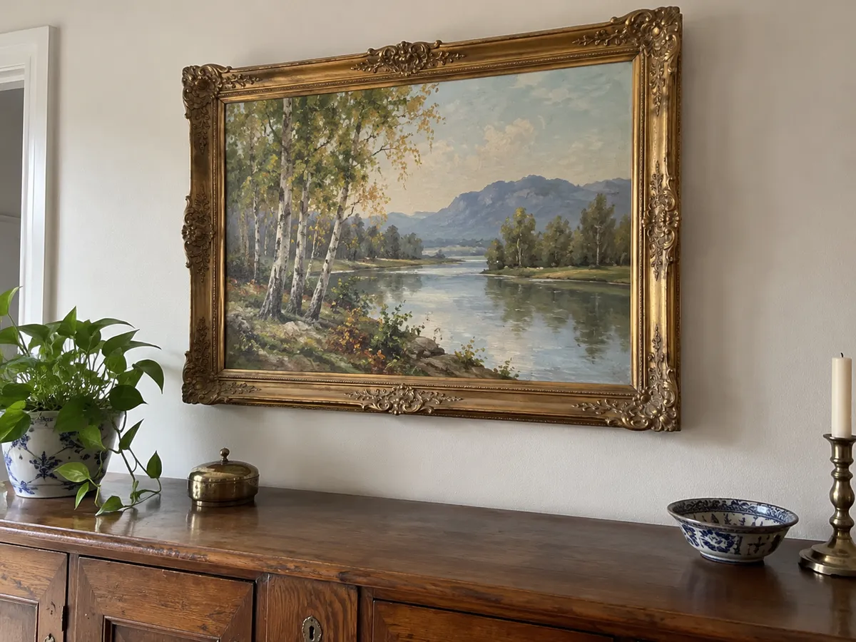 A river landscape with birch trees in an ornate gold frame, hanging above a wooden sideboard