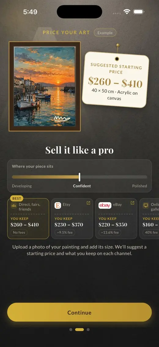 Price my artwork result with selling channels